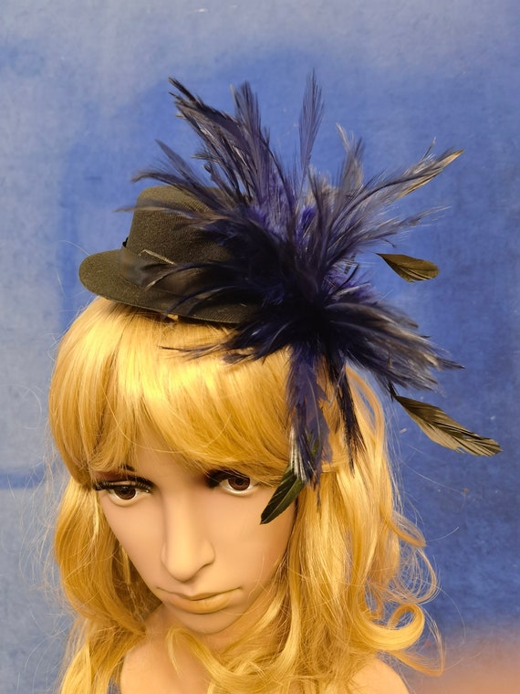 Navy black feather black mini top hat fascinator millinery burlesque hair clip hen party bridal ascot race fancy dress British