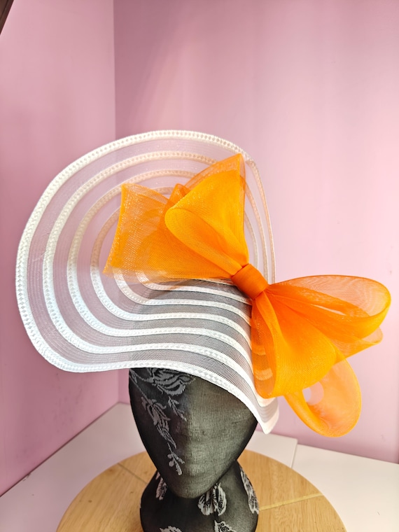 white orange straw crinoline bow fascinator millinery burlesque wedding hat headband royal ascot party house race cosplay Kentucky derby