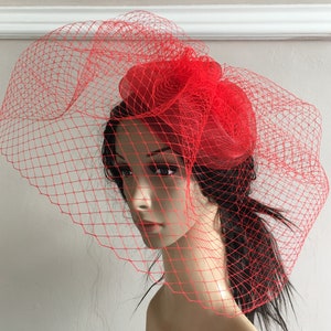 bright red crin french veil veiling fascinator millinery burlesque hair clip hen party bridal ascot race fancy dress wedding British hat