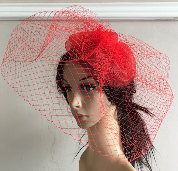 bright red crin french veil veiling fascinator millinery burlesque hair clip hen party bridal ascot race fancy dress wedding British hat