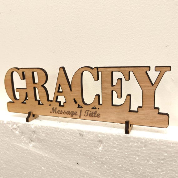 Personalised bespoke custom made laser cut engraved wood name word desk table stand free standing wall door plaque  sign logo design service