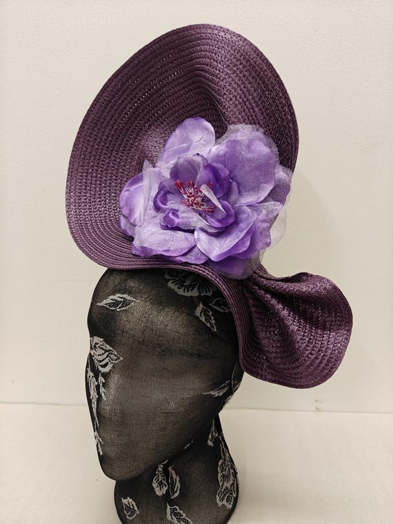 dark purple large straw fascinator flower millinery burlesque wedding hat on headband ascot party race cosplay handmade unique design