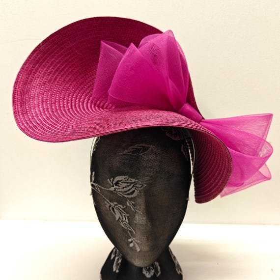 hot pink large straw crinoline bow fascinator millinery burlesque wedding hat on headband ascot party race cosplay