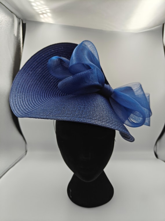 navy blue large straw crinoline bow fascinator millinery burlesque wedding hat on headband ascot party race cosplay