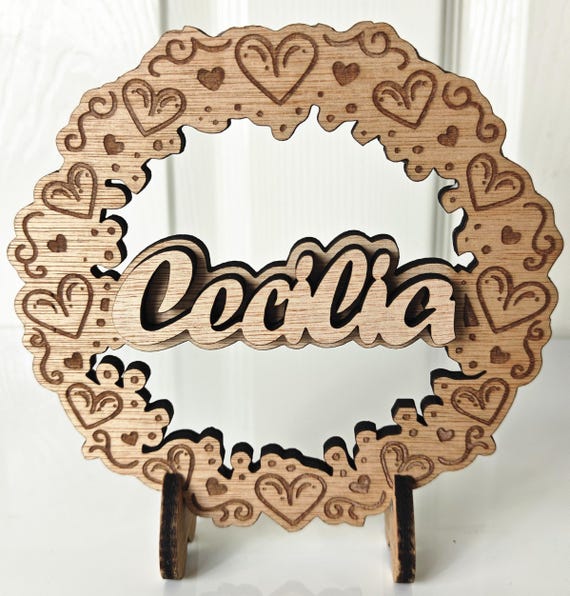 Personalised bespoke laser cut engrave heart wood name word desk table stand free standing wall door plaque card sign logo design service