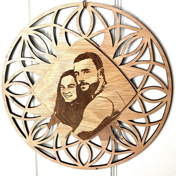 personalised picture photo name message wooden mandala flower pattern wall door decoration laser cut engraved home art wood sign fairy light