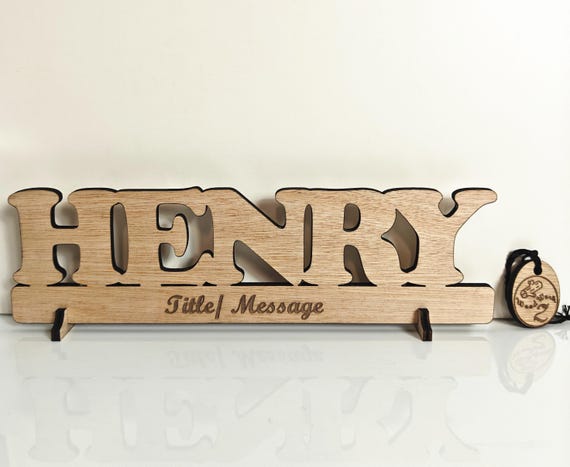 Personalised bespoke custom made laser cut engraved wood name word desk table stand free standing wall door plaque  sign logo design service