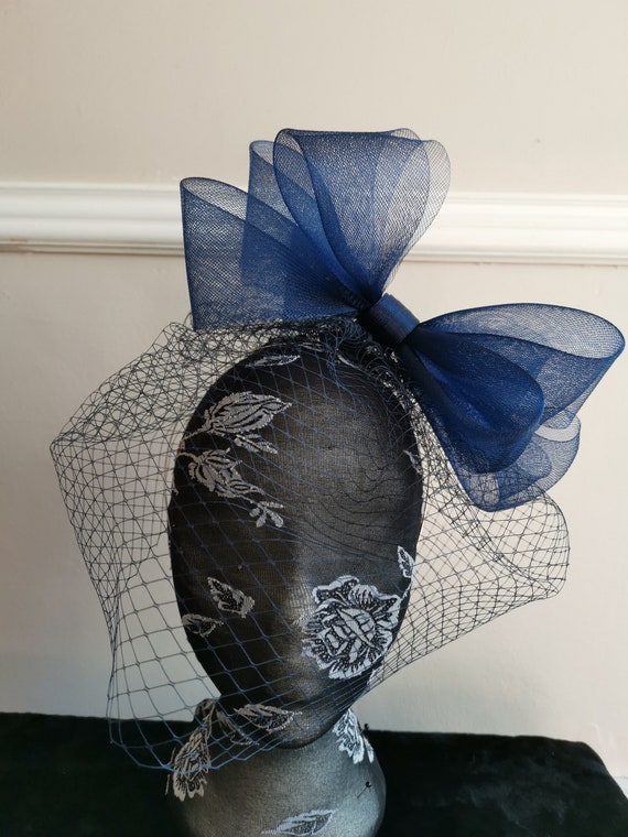 navy blue veil veiling crin fascinator millinery burlesque headband wedding hat hair piece