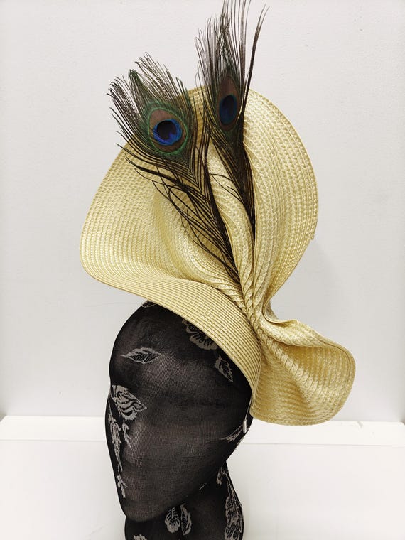 golden yellow large straw fascinator millinery burlesque wedding hat on headband ascot party race cosplay handmade unique design