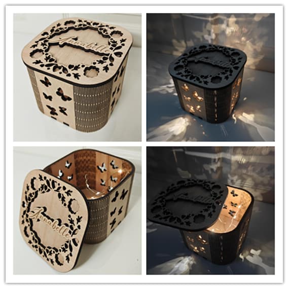 Personalised bespoke custom made laser cut wooden gift box 3 speed night fairy light name message engraved wood wedding birthday present
