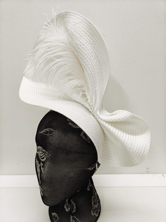 white large straw fascinator millinery burlesque wedding hat on headband ascot party race cosplay handmade unique design