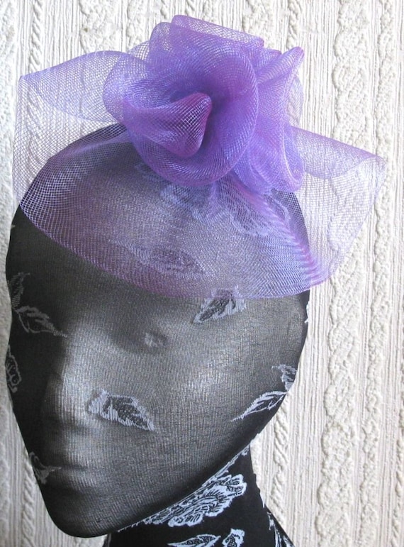 purple crin flower netting fascinator millinery burlesque hair clip brooch hen party bridal ascot race fancy dress british