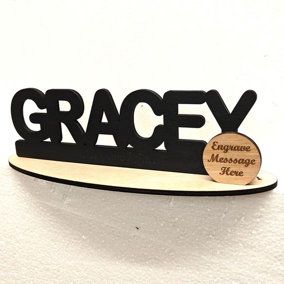 Black personalised custom made laser cut engraved wood wooden letter name word number desk table stand plaque sign logo design office home