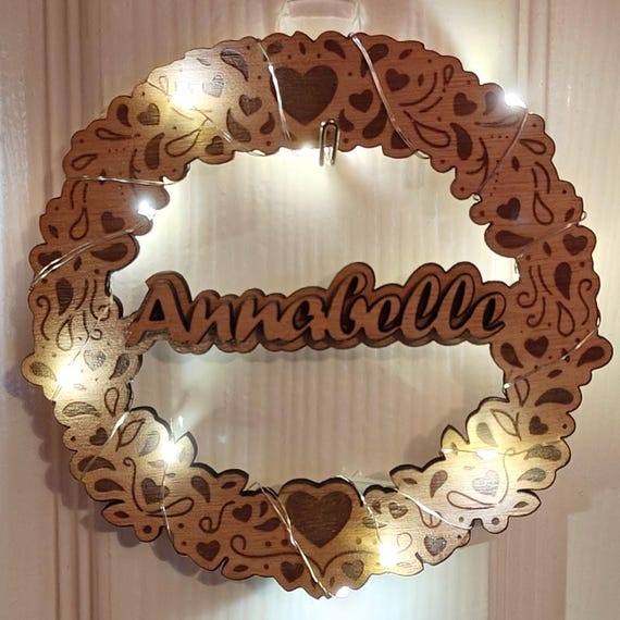 Personalised bespoke laser cut engrave wood name word desk table stand free standing wall door plaque card sign logo design fairy light