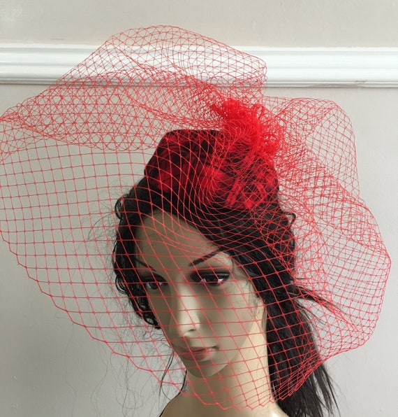 pill box hat red tartan french veil veiling fascinator millinery burlesque hair clip hen party bridal ascot race fancy dress British