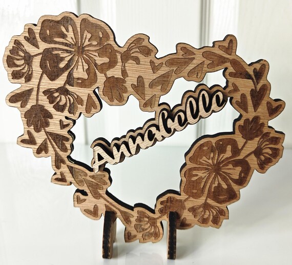 Personalised bespoke laser cut engrave heart wood name word desk table stand free standing wall door plaque card sign logo design service