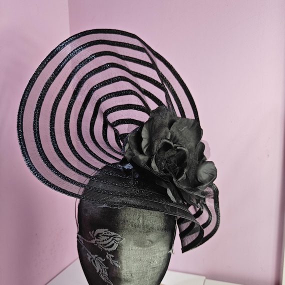 black large fascinator satin flower millinery wedding hat headband party race handmade cosplay Kentucky Derby Royal Ascot