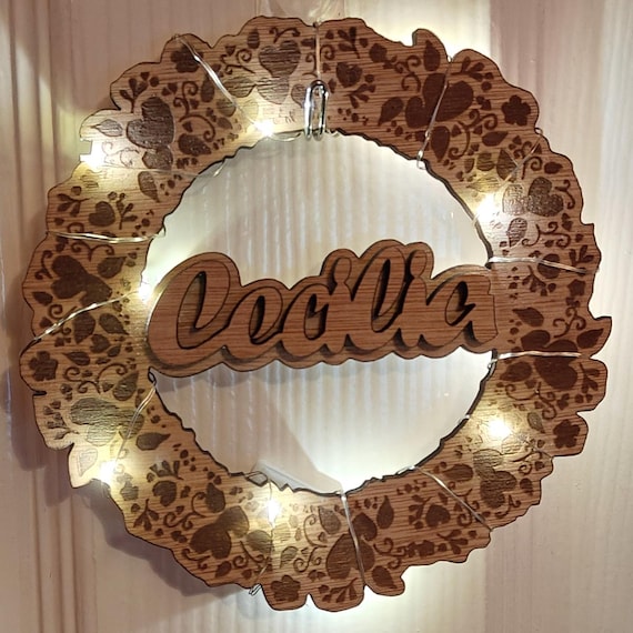 Personalised bespoke laser cut engrave wood name word desk table stand free standing wall door plaque card sign logo design fairy light