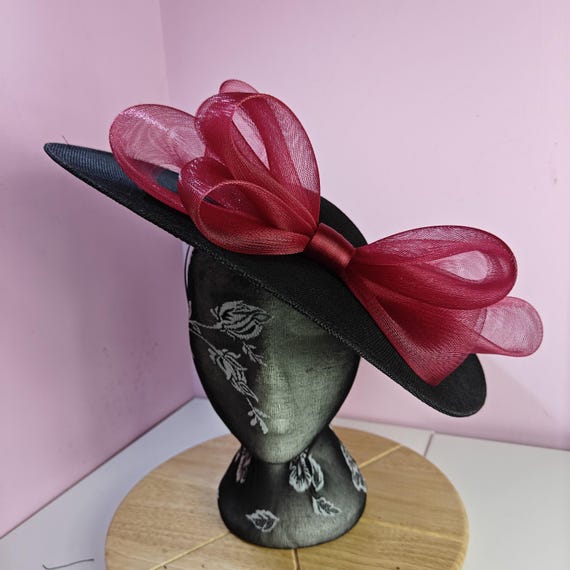 black dark red large fascinator millinery burlesque wedding hat headband party race cosplay handmade Kentucky Derby Royal Ascot