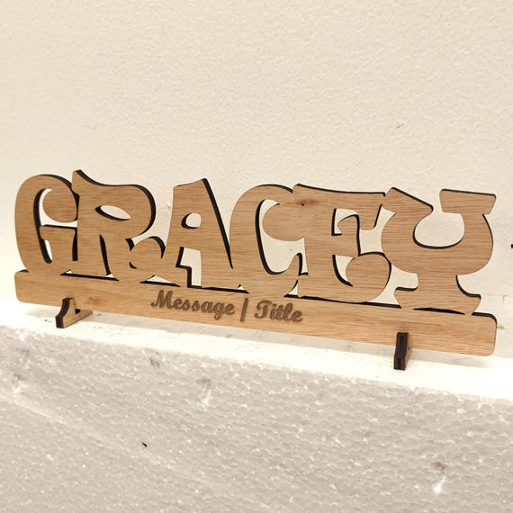 Personalised bespoke custom made laser cut engraved wood name word desk table stand free standing wall door plaque  sign logo design service