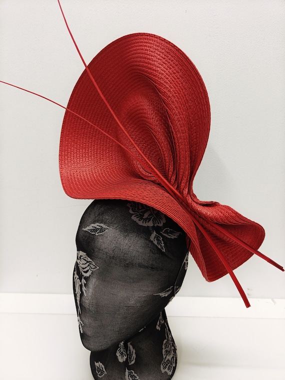 red large straw fascinator millinery burlesque wedding hat on headband ascot party race cosplay handmade unique design