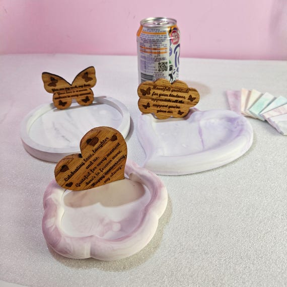 Custom hand made personalised bespoke real hard solid wood laser cut engraving plaster gypsum eco resin casting jewellery trinket tray dish