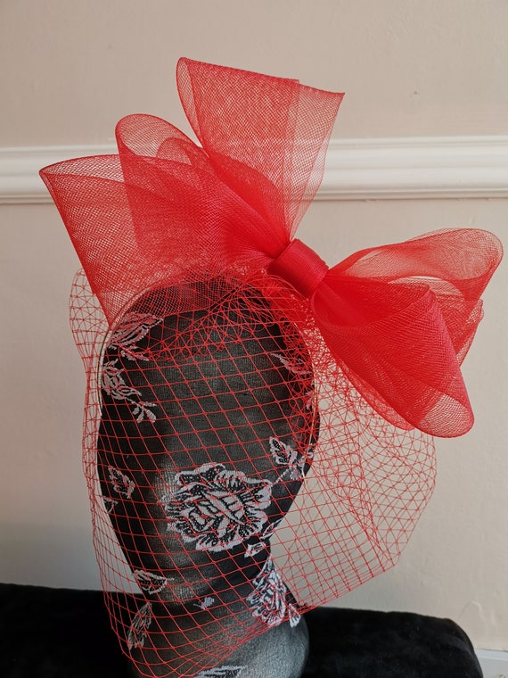 red veil veiling crin fascinator millinery burlesque headband wedding hat hair piece