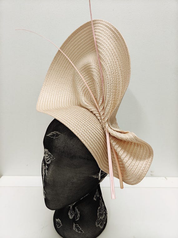 coral peach nude pink large straw fascinator millinery burlesque wedding hat on headband ascot party race cosplay handmade unique design