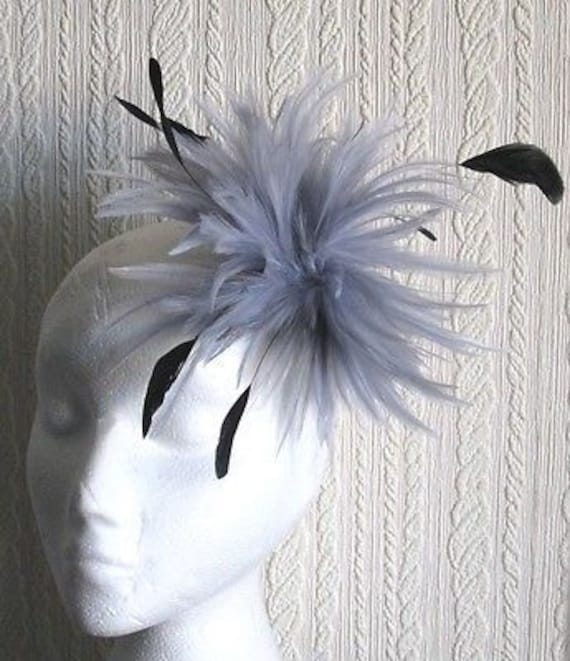 grey black feather fascinator millinery burlesque hair clip brooch hen party bridal ascot race fancy dress british