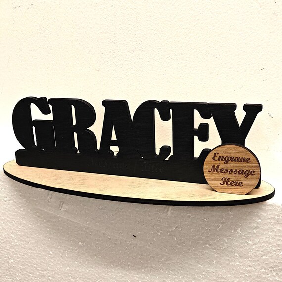 Black personalised custom made laser cut engraved wood wooden letter name word number desk table stand plaque sign logo design office home