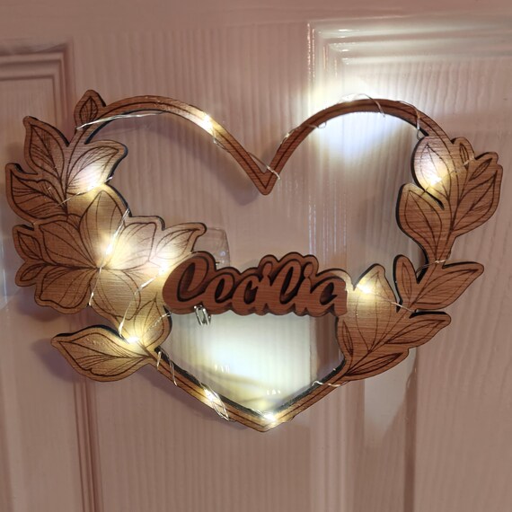 Personalised bespoke laser cut engrave wood name word desk table stand free standing wall door plaque card sign logo design fairy light