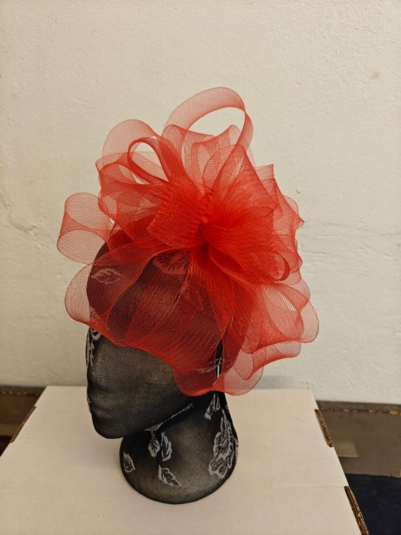 red crin fascinator millinery burlesque headband wedding hat hair piece