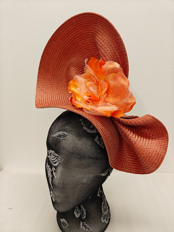 burnt orange large straw fascinator flower millinery burlesque wedding hat on headband ascot party race cosplay handmade unique design