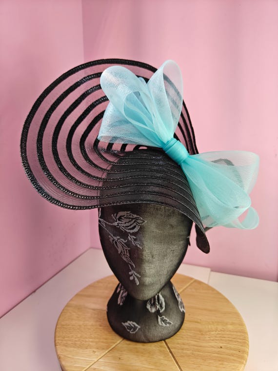 black blue straw crinoline bow fascinator millinery burlesque wedding hat headband royal ascot party house race cosplay Kentucky derby