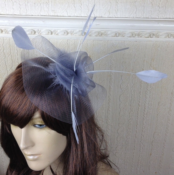 grey feather fascinator millinery burlesque headband wedding hat hair piece