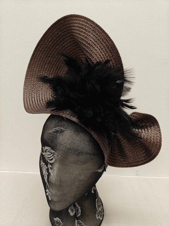 brown black large straw fascinator flower millinery burlesque wedding hat on headband ascot party race cosplay handmade unique design