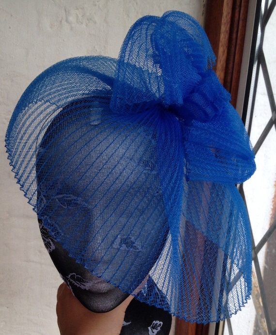 blue feather fascinator millinery burlesque headband wedding hat hair piece