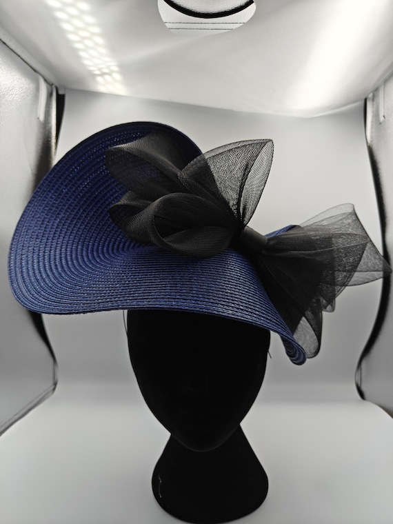 navy blue black large straw crinoline bow fascinator millinery burlesque wedding hat on headband ascot party race cosplay