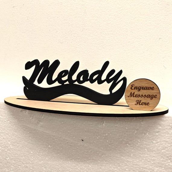 Black personalised custom made laser cut engraved wood wooden letter name word number desk table stand plaque sign logo design office home
