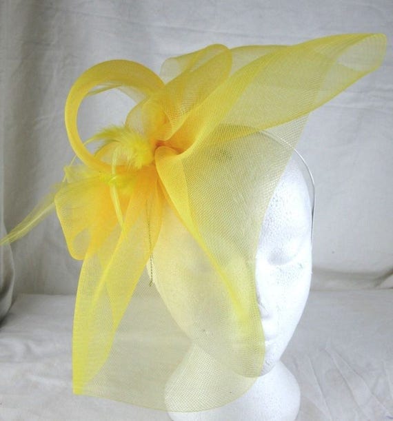 yellow feather fascinator millinery burlesque headband wedding hat hair piece