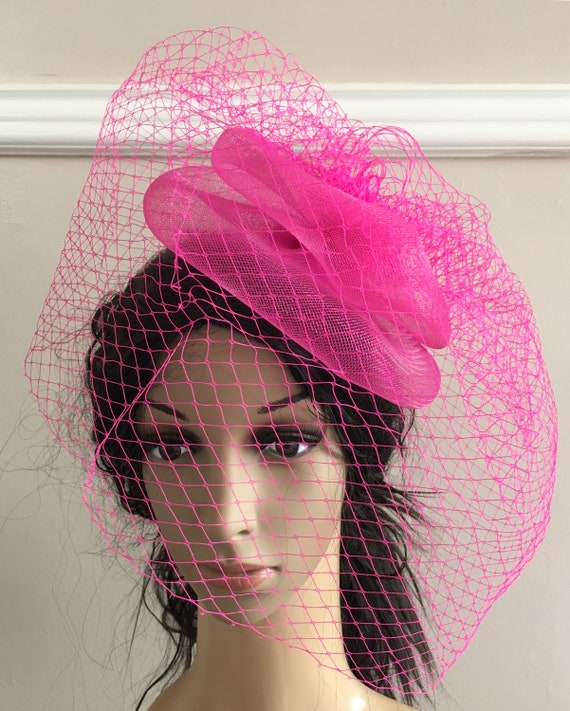 hot dark pink crin french veil veiling fascinator millinery burlesque hair clip hen party bridal ascot race fancy dress wedding British hat