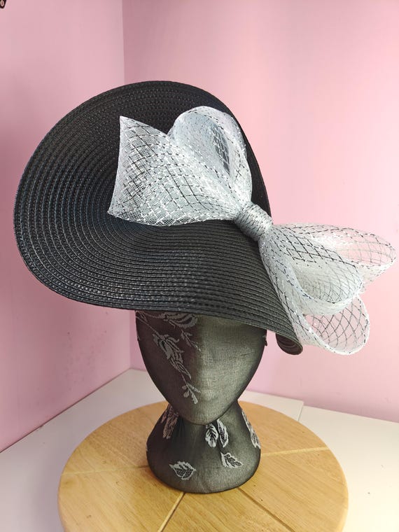 black silver straw crinoline bow fascinator millinery burlesque wedding hat on headband royal ascot party house race cosplay Kentucky derby