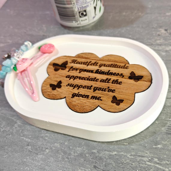 Custom hand made personalised bespoke real hard solid wood laser cut engraving plaster gypsum casting jewellery ring trinket key tray dish