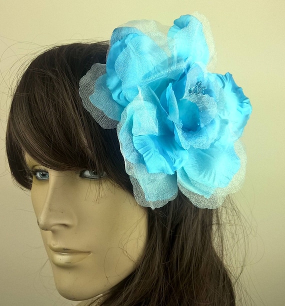 blue turquoise satin flower fascinator millinery burlesque hair clip hen party bridal ascot race fancy dress british