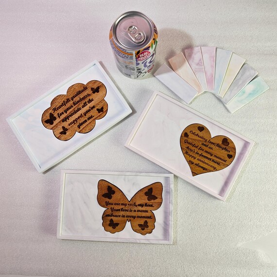 Custom hand made personalised bespoke real hard solid wood laser cut engraving plaster gypsum eco resin casting jewellery trinket tray dish