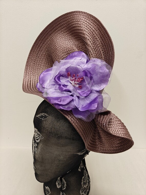 light brown purple large straw fascinator flower millinery burlesque wedding hat on headband ascot party race cosplay handmade unique design