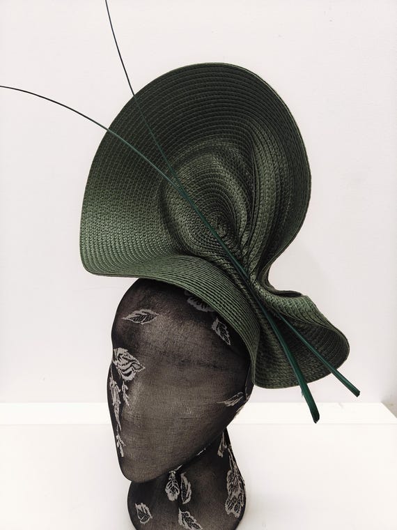 dark green large straw fascinator millinery burlesque wedding hat on headband ascot party race cosplay handmade unique design