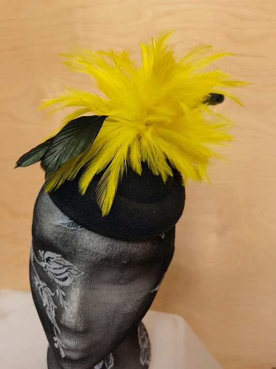 Yellow black feather black pill box hat fascinator millinery burlesque hair clip hen party bridal ascot race fancy dress British