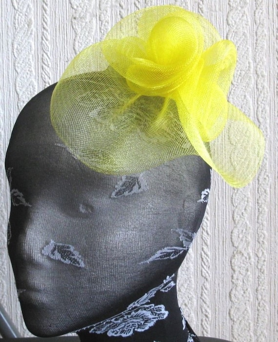 yellow crin flower netting fascinator millinery burlesque hair clip brooch hen party bridal ascot race fancy dress british