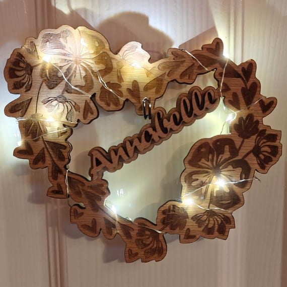Personalised bespoke laser cut engrave wood name word desk table stand free standing wall door plaque card sign logo design fairy light